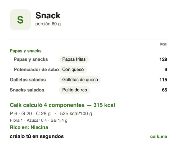 Tarjeta de Calk, versión más calórica de Snacks: 525 kcal por 100 g, proteínas/grasas/carbohidratos 8/56/36