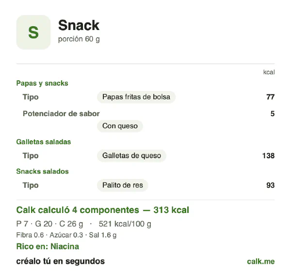 Tarjeta de Calk, versión más calórica de Snacks: 521 kcal por 100 g, proteínas/grasas/carbohidratos 10/57/33