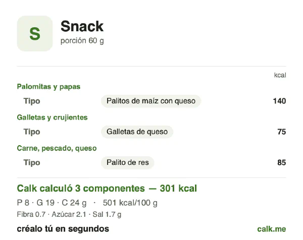 Tarjeta de Calk, versión más calórica de Snacks: 501 kcal por 100 g, proteínas/grasas/carbohidratos 10/58/32