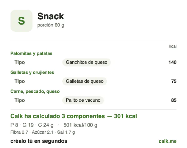 Ficha de Calk, versión más calórica de Aperitivos: 501 kcal por 100 g, proteínas/grasas/hidratos 10/58/32