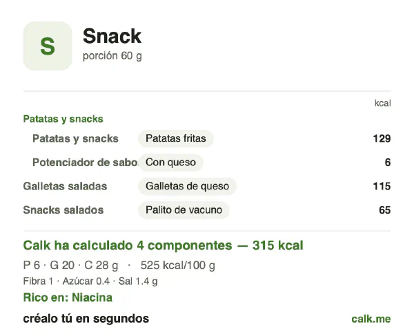 Ficha de Calk, versión más calórica de Aperitivos: 525 kcal por 100 g, proteínas/grasas/hidratos 8/56/36