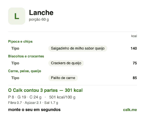 Cartão do Calk para a versão mais calórica de Lanches: 501 kcal por 100 g, proteína/gordura/carboidratos 10/58/32