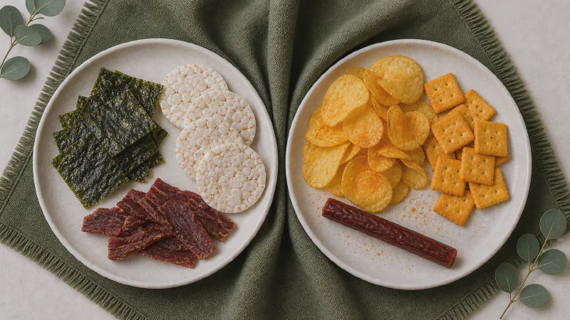 Snack mix plate: lower- and higher-calorie Calk versions side by side