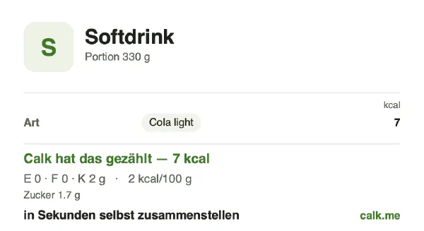 Calk-Karte für die kalorienärmere Variante von Softdrink: 2 kcal pro 100 g, Eiweiß/Fett/Kohlenhydrate 0/0/100