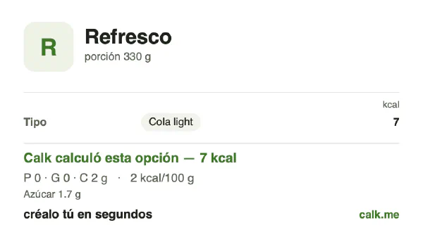 Tarjeta de Calk, versión menos calórica de Refrescos: 2 kcal por 100 g, proteínas/grasas/carbohidratos 0/0/100