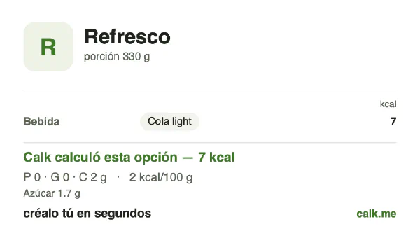 Tarjeta de Calk, versión menos calórica de Refrescos: 2 kcal por 100 g, proteínas/grasas/carbohidratos 0/0/100