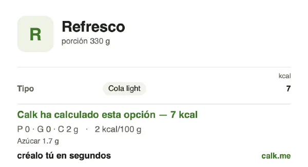 Ficha de Calk, versión menos calórica de Refrescos: 2 kcal por 100 g, proteínas/grasas/hidratos 0/0/100