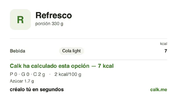 Ficha de Calk, versión menos calórica de Refrescos: 2 kcal por 100 g, proteínas/grasas/hidratos 0/0/100