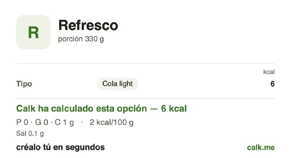 Ficha de Calk, versión menos calórica de Refrescos: 2 kcal por 100 g, proteínas/grasas/hidratos 24/14/62