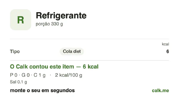 Cartão do Calk para a versão menos calórica de Refrigerante: 2 kcal por 100 g, proteína/gordura/carboidratos 24/14/62