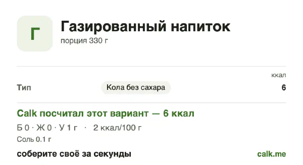Карточка «Газированные напитки» в Calk — менее калорийный вариант: 2 ккал на 100 г, белки/жиры/углеводы 24/14/62