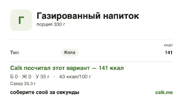 Карточка «Газированные напитки» в Calk — более калорийный вариант: 43 ккал на 100 г, белки/жиры/углеводы 0/0/100