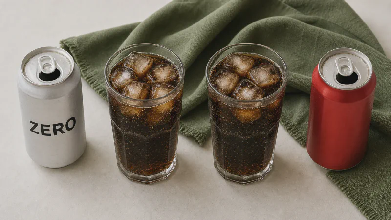 Cola: lower- and higher-calorie Calk versions side by side