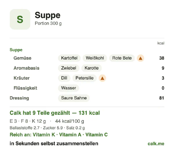 Calk-Karte für die kalorienärmere Variante von Suppe: 44 kcal pro 100 g, Eiweiß/Fett/Kohlenhydrate 9/54/36