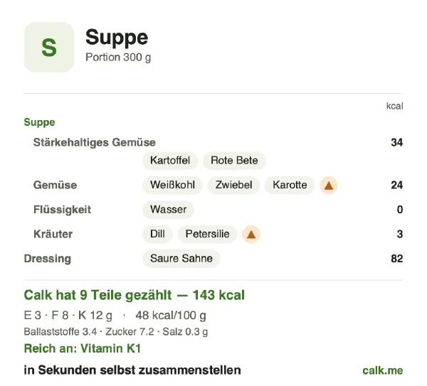 Calk-Karte für die kalorienärmere Variante von Suppe: 48 kcal pro 100 g, Eiweiß/Fett/Kohlenhydrate 10/54/36