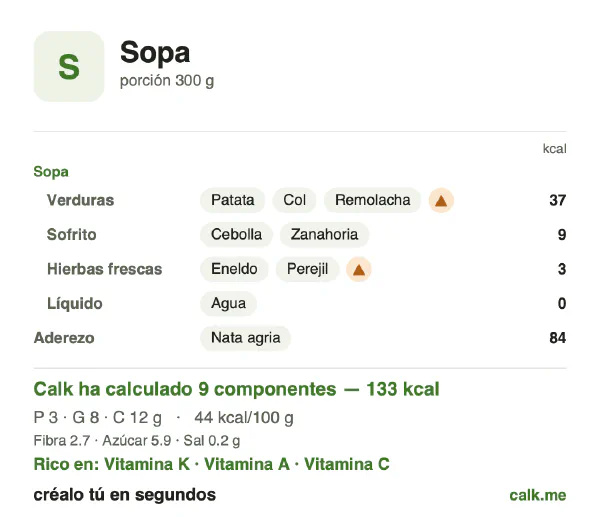 Ficha de Calk, versión menos calórica de Sopa: 44 kcal por 100 g, proteínas/grasas/hidratos 9/55/36
