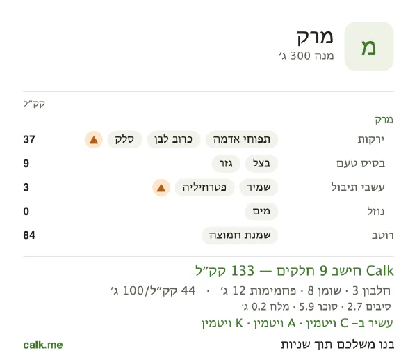 נתוני Calk למרק, בגרסה עם פחות קלוריות: 44 קק״ל ל-100 גרם, חלבון/שומן/פחמימות 9/55/36