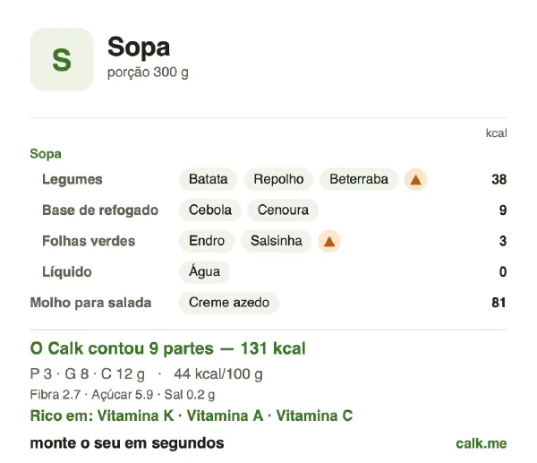 Cartão do Calk para a versão menos calórica de Sopa: 44 kcal por 100 g, proteína/gordura/carboidratos 9/54/36