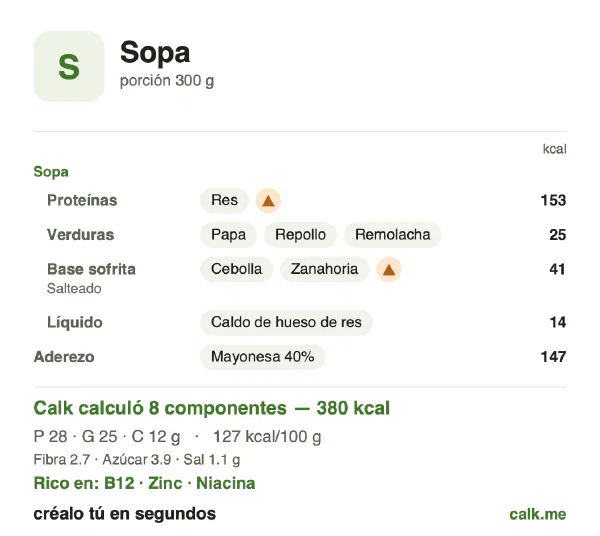 Tarjeta de Calk, versión más calórica de Sopa: 127 kcal por 100 g, proteínas/grasas/carbohidratos 29/58/12