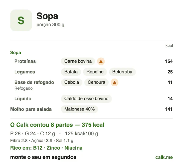 Cartão do Calk para a versão mais calórica de Sopa: 125 kcal por 100 g, proteína/gordura/carboidratos 30/58/12