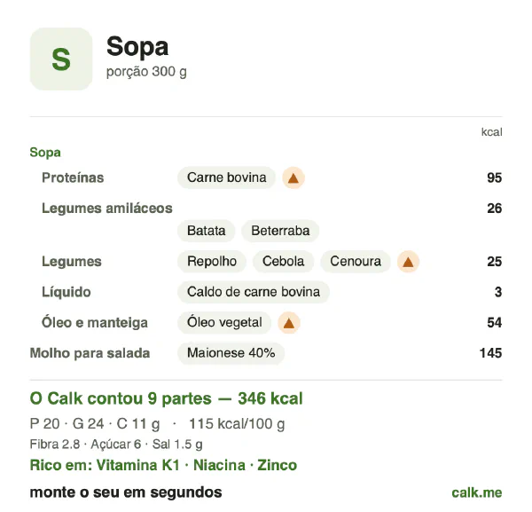 Cartão do Calk para a versão mais calórica de Sopa: 115 kcal por 100 g, proteína/gordura/carboidratos 23/63/14