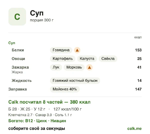 Карточка Calk, более калорийный вариант Суп: 127 ккал на 100 г, белки/жиры/углеводы 29/58/12