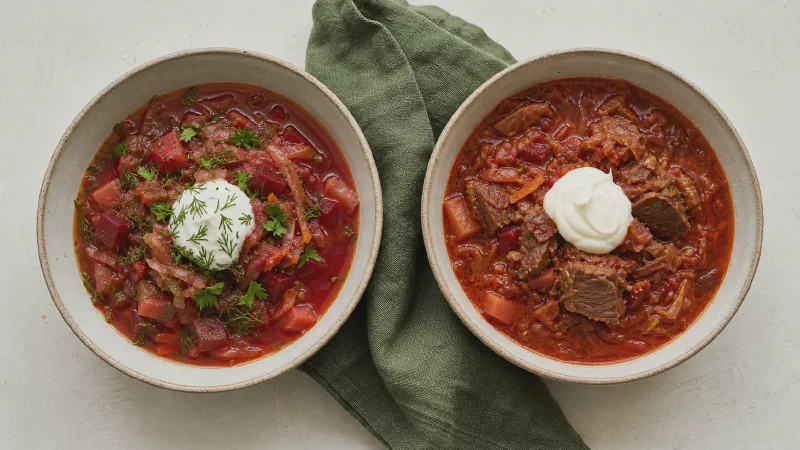 Borscht: lower- and higher-calorie Calk versions side by side