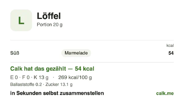 Calk-Karte für die kalorienärmere Variante von Löffelweise: 269 kcal pro 100 g, Eiweiß/Fett/Kohlenhydrate 1/0/99