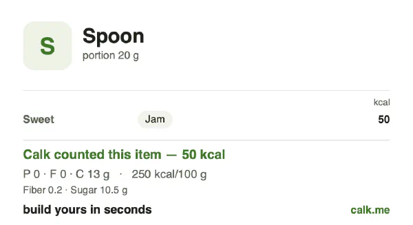 Lower calorie Calk card for Spoonfuls: 250 kcal per 100 g, protein/fat/carbs 1/0/99