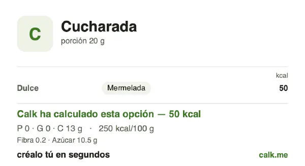 Ficha de Calk, versión menos calórica de Untables por cucharada: 250 kcal por 100 g, proteínas/grasas/hidratos 1/0/99