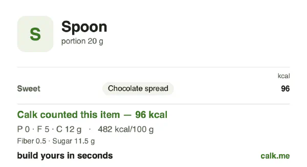 Higher calorie Calk card for Spoonfuls: 482 kcal per 100 g, protein/fat/carbs 2/48/50