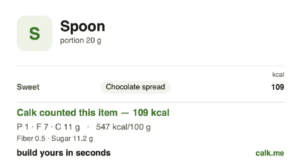 Higher calorie Calk card for Spoonfuls: 547 kcal per 100 g, protein/fat/carbs 4/55/42