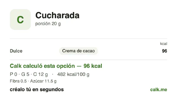 Tarjeta de Calk, versión más calórica de Por cucharada: 482 kcal por 100 g, proteínas/grasas/carbohidratos 2/48/50
