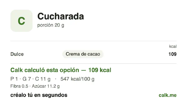 Tarjeta de Calk, versión más calórica de Por cucharada: 547 kcal por 100 g, proteínas/grasas/carbohidratos 4/55/42
