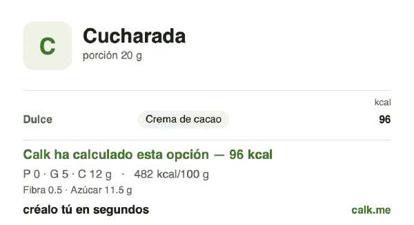 Ficha de Calk, versión más calórica de Untables por cucharada: 482 kcal por 100 g, proteínas/grasas/hidratos 2/48/50