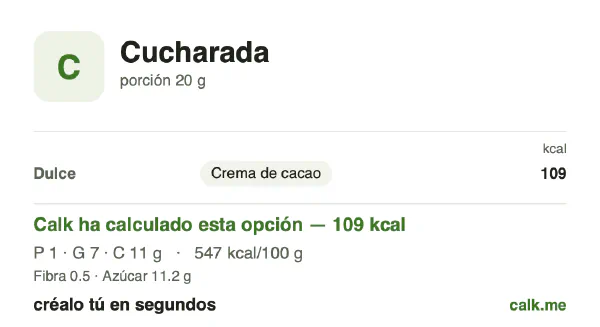 Ficha de Calk, versión más calórica de Untables por cucharada: 547 kcal por 100 g, proteínas/grasas/hidratos 4/55/42