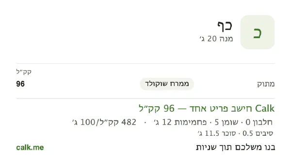 נתוני Calk לממרחים בכף, בגרסה עם יותר קלוריות: 482 קק״ל ל-100 גרם, חלבון/שומן/פחמימות 2/48/50