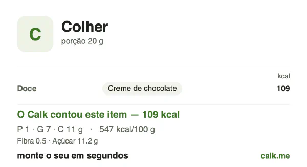 Cartão do Calk para a versão mais calórica de Colheradas: 547 kcal por 100 g, proteína/gordura/carboidratos 4/55/42