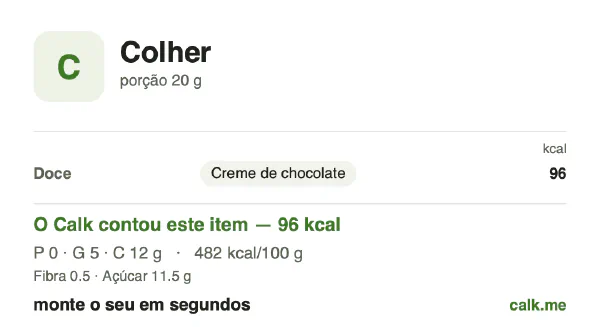 Cartão do Calk para a versão mais calórica de Colheradas: 482 kcal por 100 g, proteína/gordura/carboidratos 2/48/50