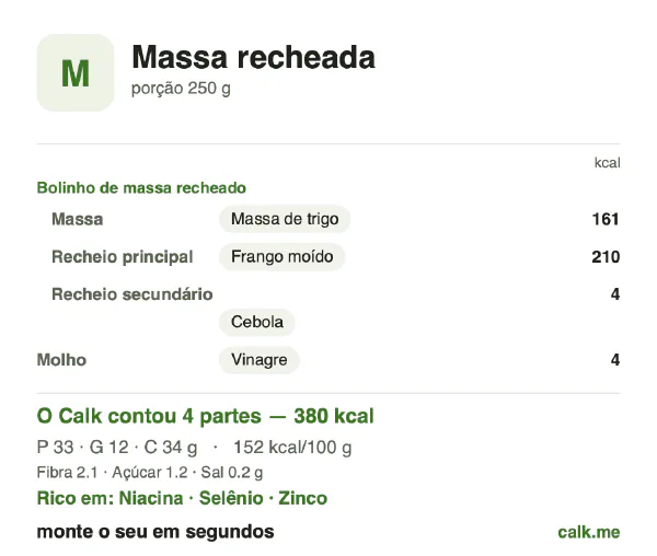 Cartão do Calk para a versão menos calórica de Massa recheada: 152 kcal por 100 g, proteína/gordura/carboidratos 35/29/36