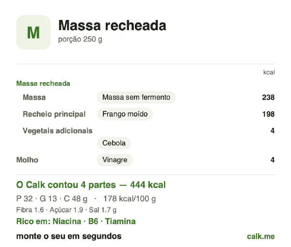 Cartão do Calk para a versão menos calórica de Massa recheada: 178 kcal por 100 g, proteína/gordura/carboidratos 29/27/44