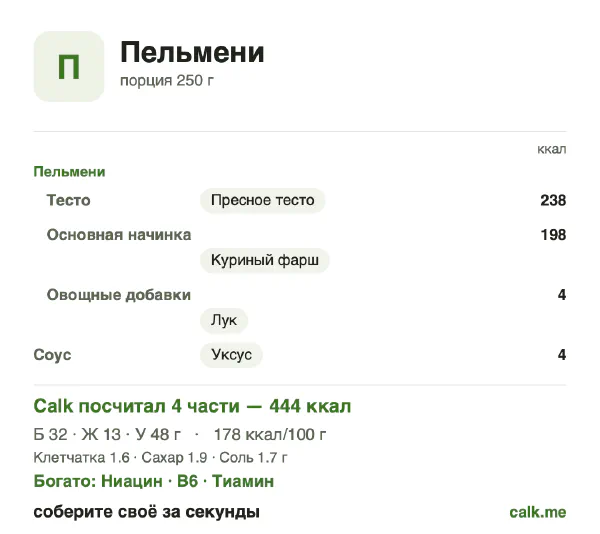 Карточка «Пельмени» в Calk — менее калорийный вариант: 178 ккал на 100 г, белки/жиры/углеводы 29/27/44