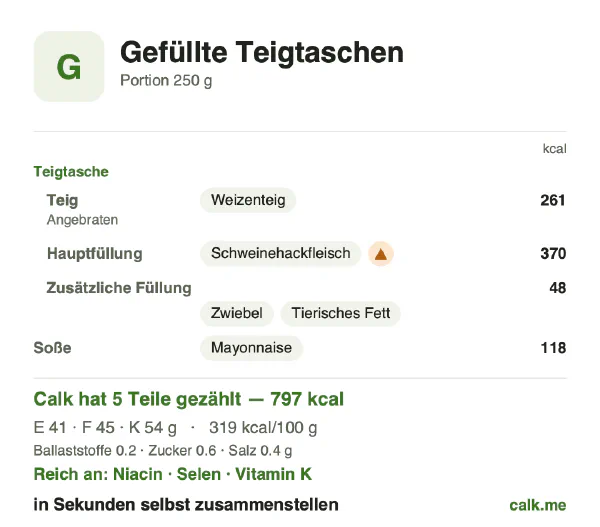 Calk-Karte für die kalorienreichere Variante von Gefüllte Teigtaschen: 319 kcal pro 100 g, Eiweiß/Fett/Kohlenhydrate 21/51/28