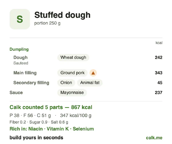 Higher calorie Calk card for Stuffed dough: 347 kcal per 100 g, protein/fat/carbs 18/58/24