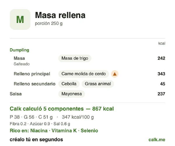 Tarjeta de Calk, versión más calórica de Masa rellena: 347 kcal por 100 g, proteínas/grasas/carbohidratos 18/58/24