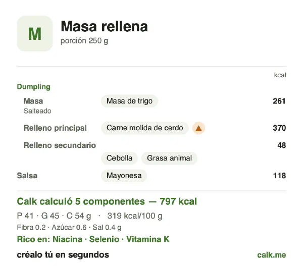 Tarjeta de Calk, versión más calórica de Masa rellena: 319 kcal por 100 g, proteínas/grasas/carbohidratos 21/51/28