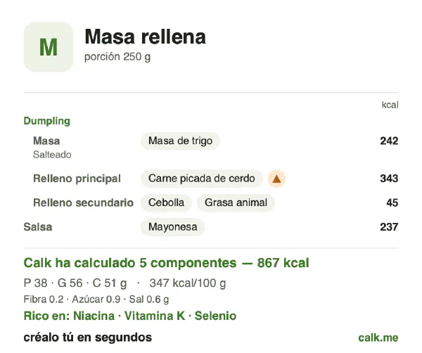 Ficha de Calk, versión más calórica de Masa rellena: 347 kcal por 100 g, proteínas/grasas/hidratos 18/58/24