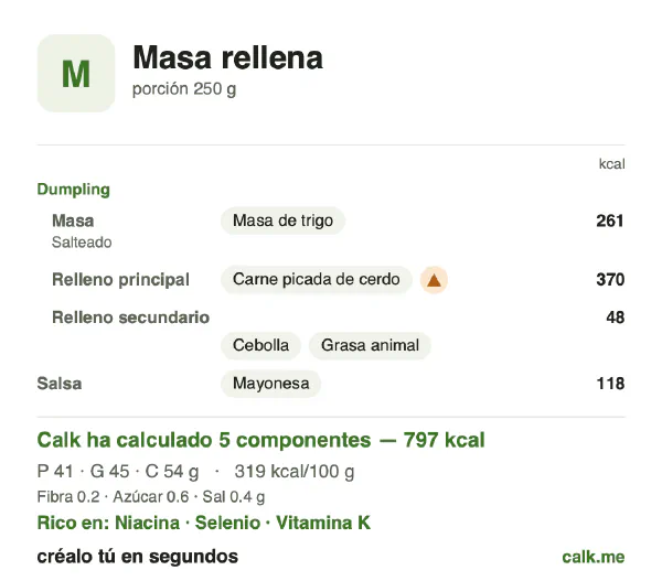Ficha de Calk, versión más calórica de Masa rellena: 319 kcal por 100 g, proteínas/grasas/hidratos 21/51/28