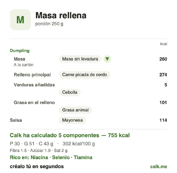Ficha de Calk, versión más calórica de Masa rellena: 302 kcal por 100 g, proteínas/grasas/hidratos 16/61/23