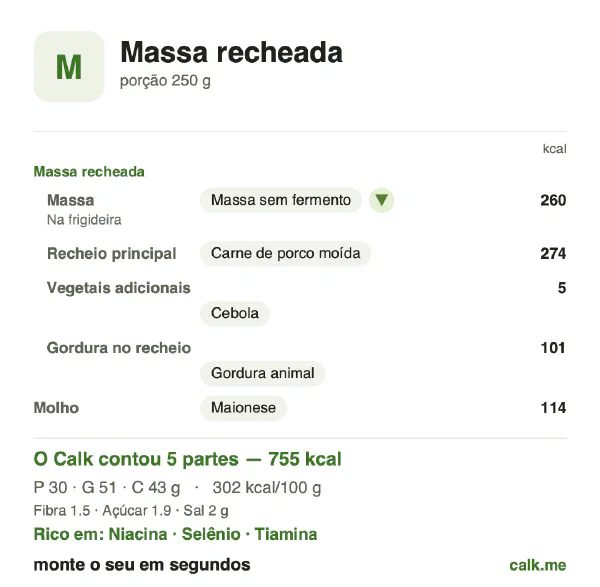 Cartão do Calk para a versão mais calórica de Massa recheada: 302 kcal por 100 g, proteína/gordura/carboidratos 16/61/23